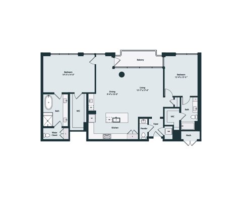 Floor plan for 2 beds, 2.5 baths, 1764 sqft
